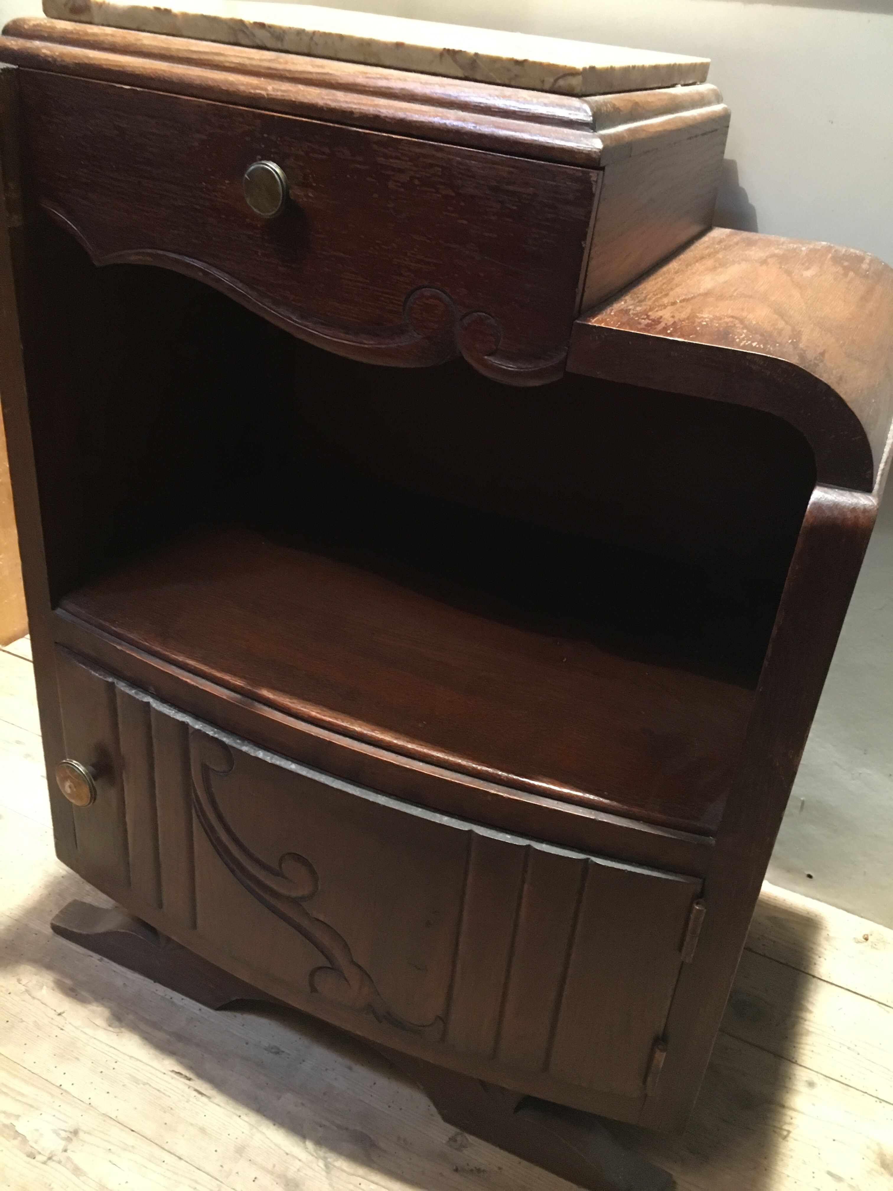 Solid oak bedside table with beige marble.