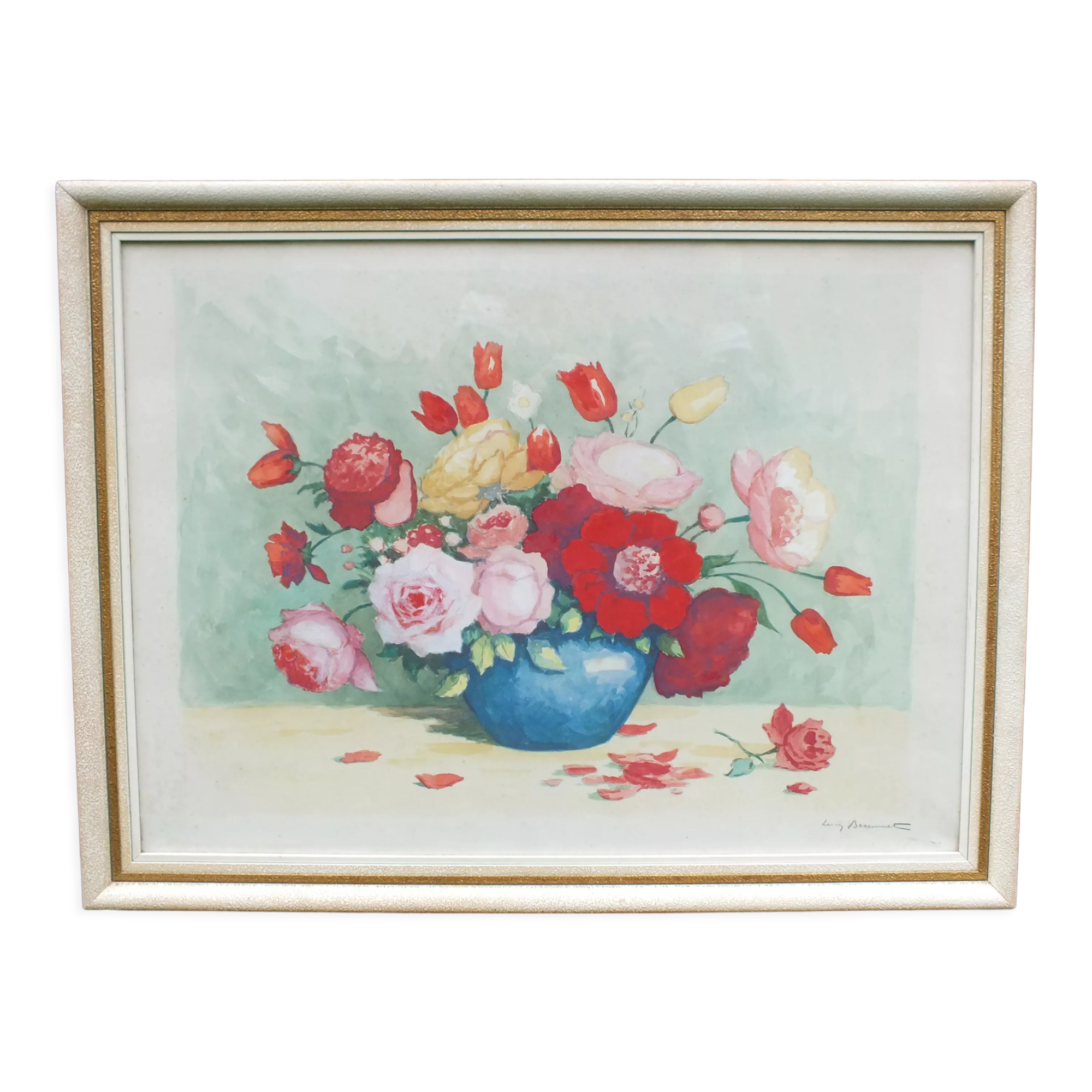 Large watercolor bouquet of flowers signed Bessonnat