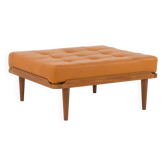 Mid-century extra large ottoman in teak and aniline leather