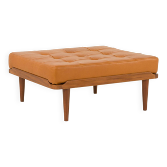 Mid-century extra large ottoman in teak and aniline leather