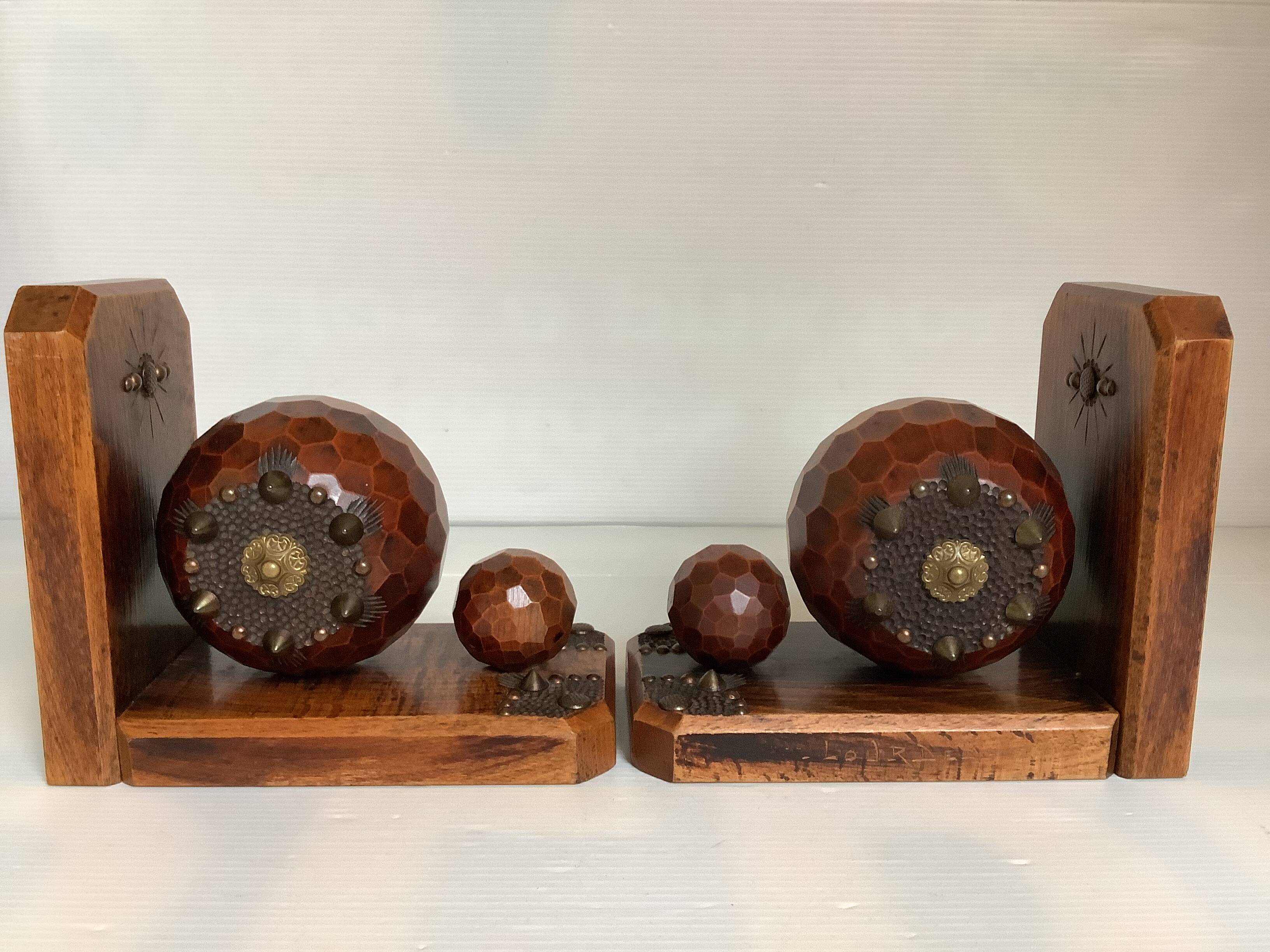 Pair of wooden ball bookends