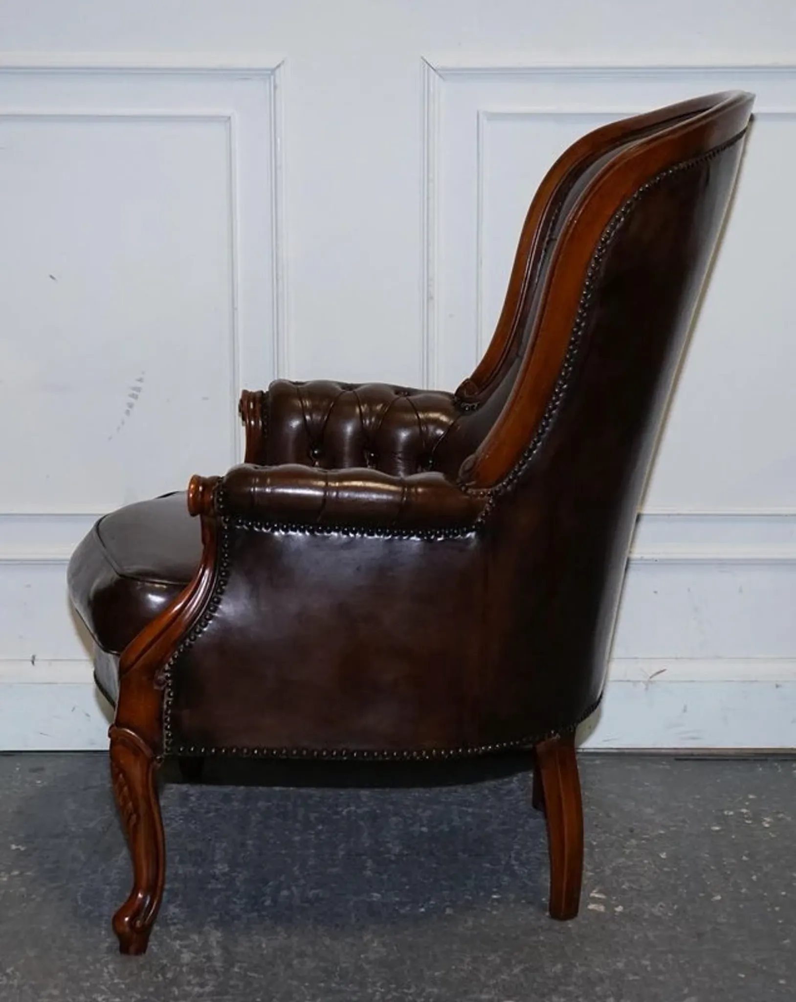 Victorian Chesterfield Leather Dyed Armchair and Ottoman Set