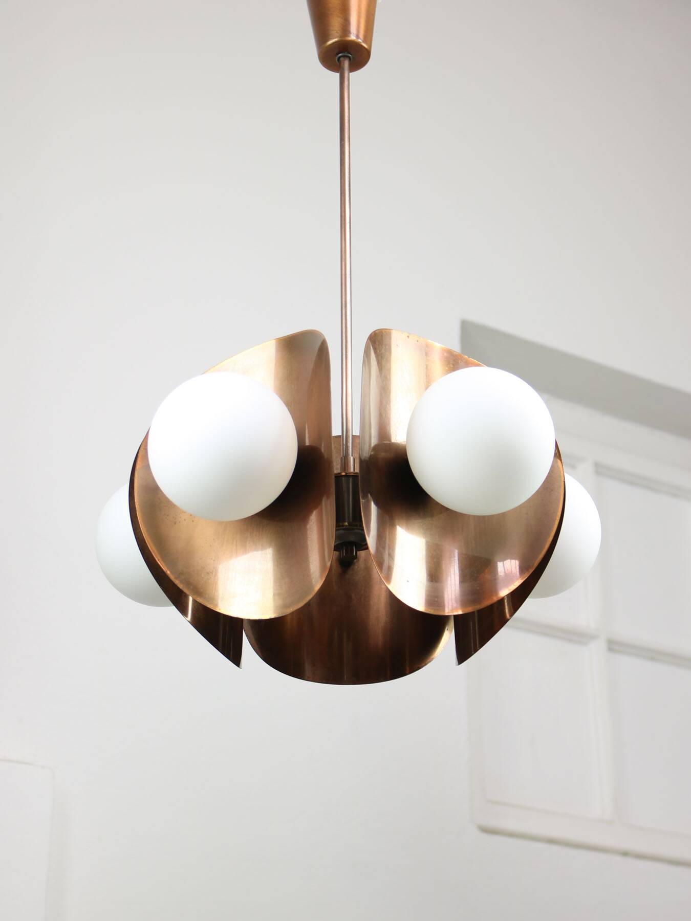 Vintage Italian Copper and Opaline Chandelier, 70s