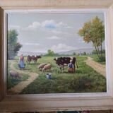 Oil on canvas XXth signed R Sarot Bucolic scene