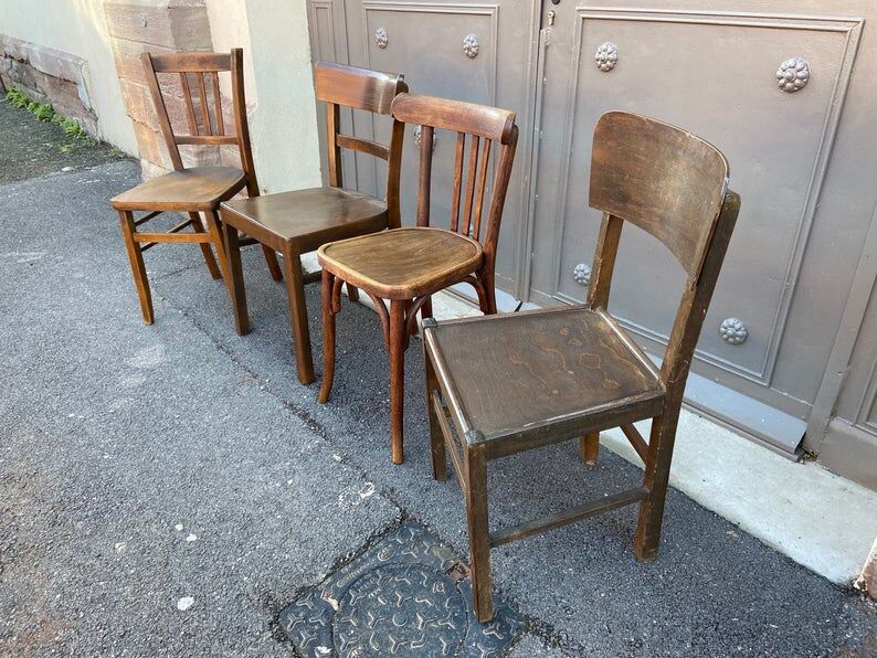4 mismatched bistro chairs curved wood