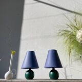 Pair of green and blue wooden ball lamps