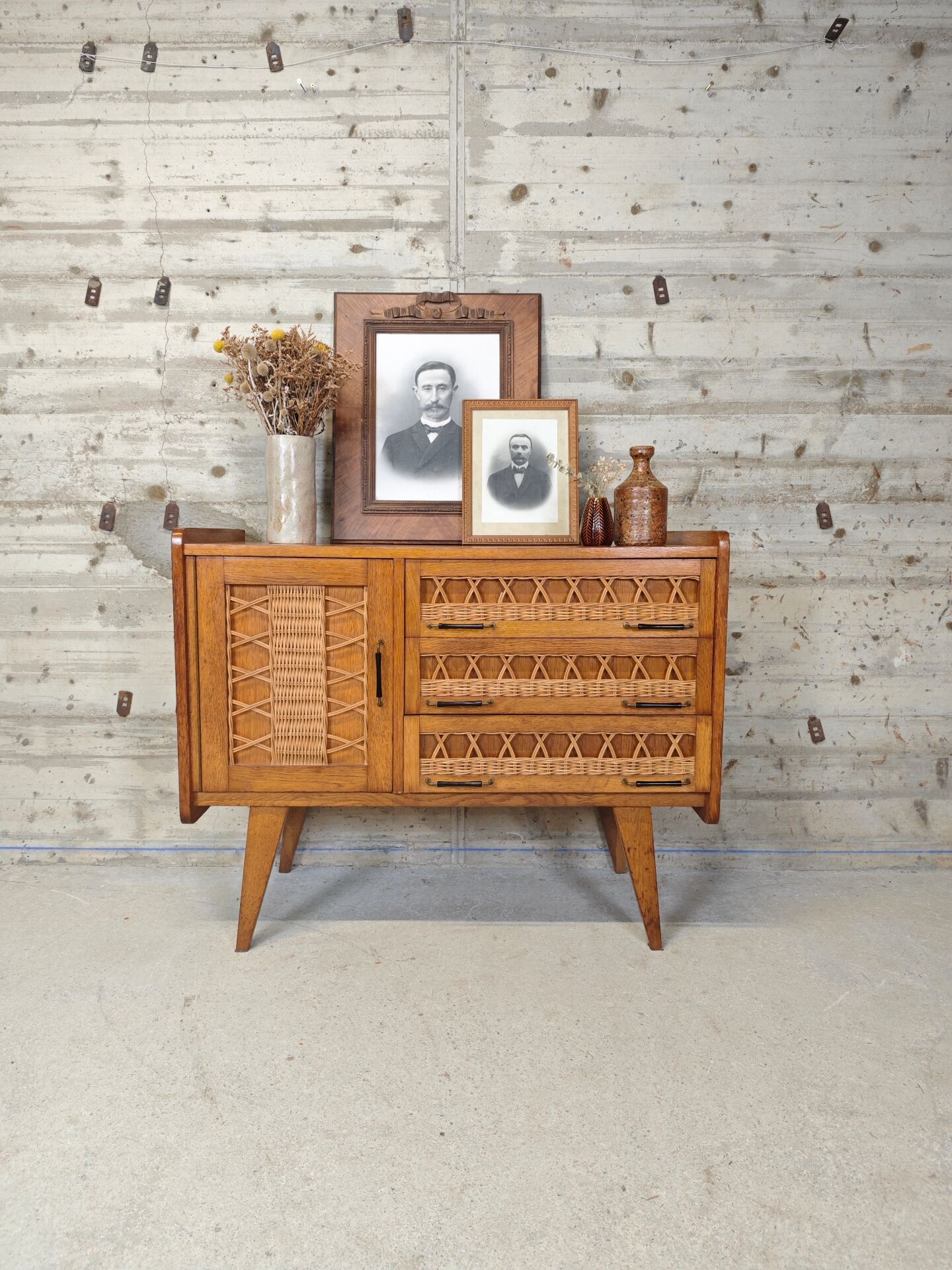 Buffet vintage bois et rotin