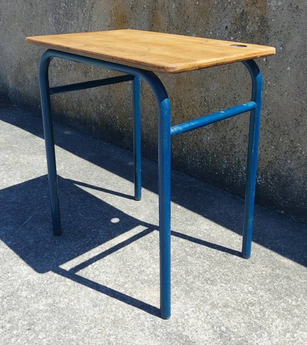 School table, wooden desk, metal, vintage, industrial style, 50s