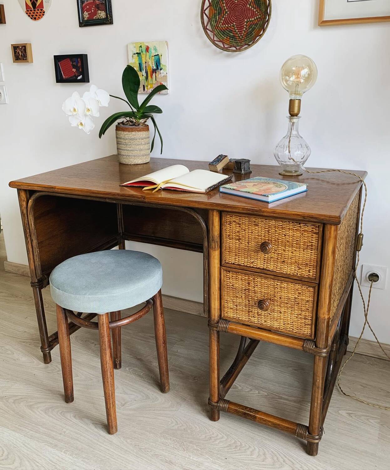 Vintage bamboo and wood rattan desk