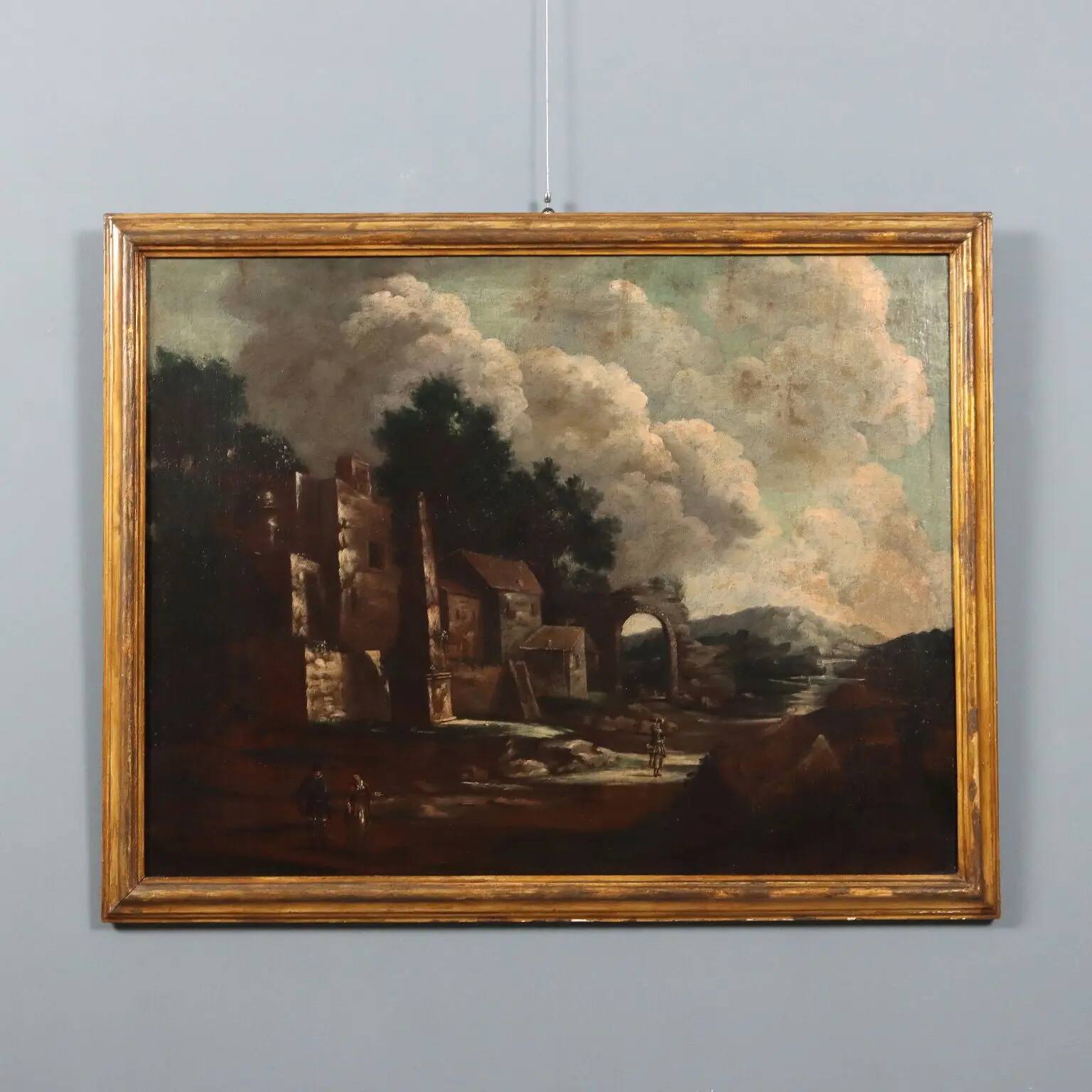 Old painting of landscape and figures, oil on canvas, 18th century.