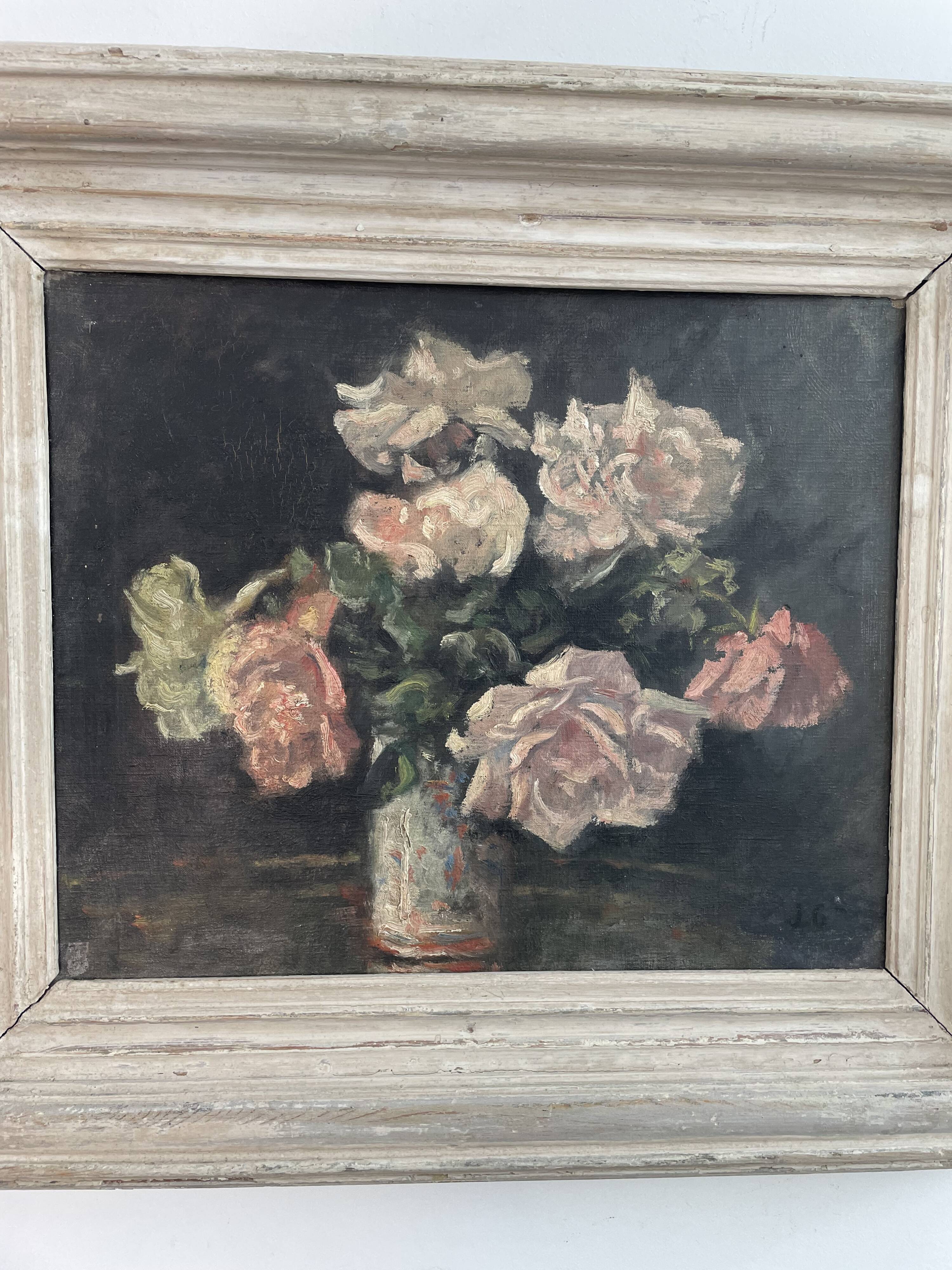 Peinture à l'huile sur toile, nature morte aux fleurs, bouquet, école française, début XXème, cadre