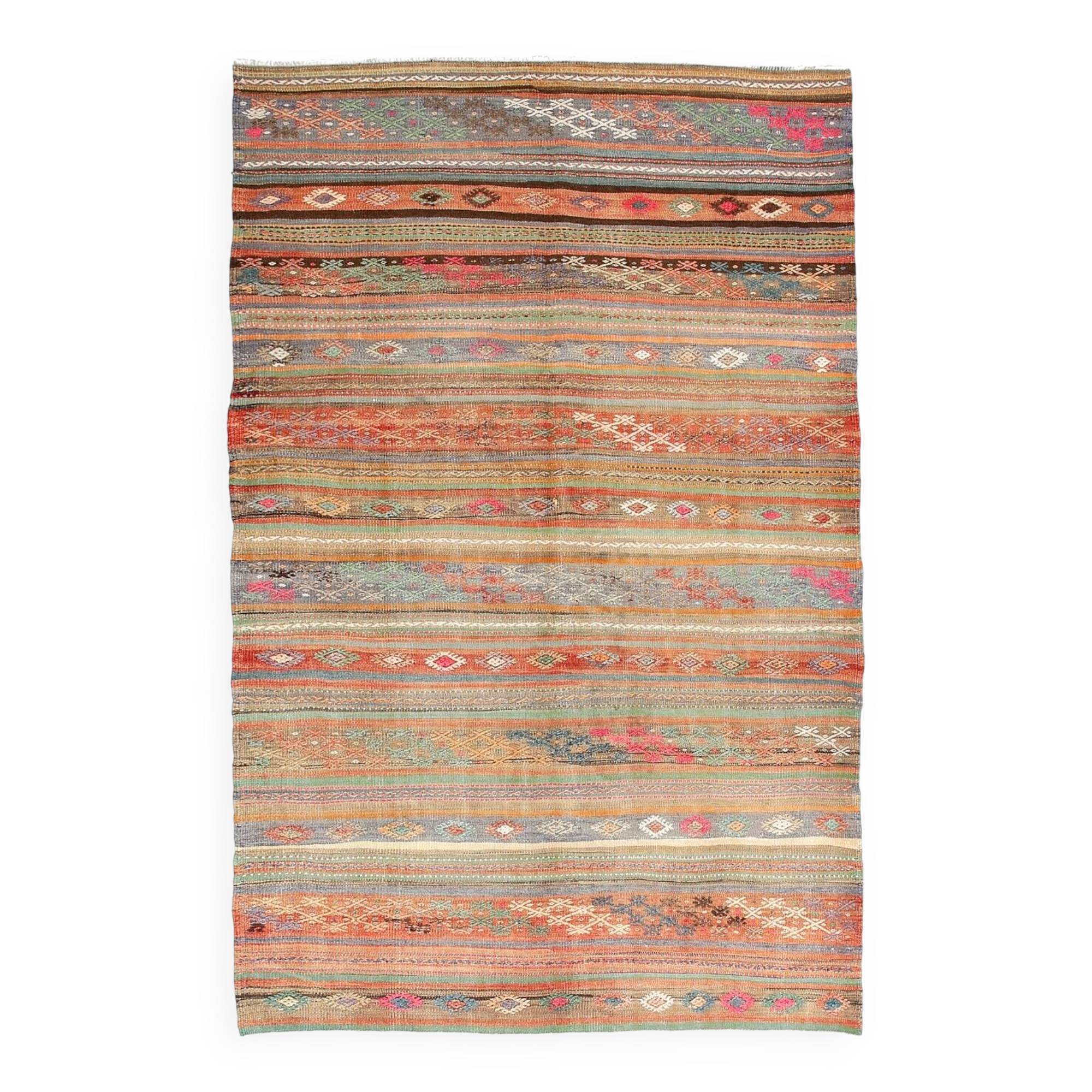 Red & Green Pinstriped Turkish Kilim Rug, 155x250Cm