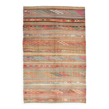 Red & Green Pinstriped Turkish Kilim Rug, 155x250Cm