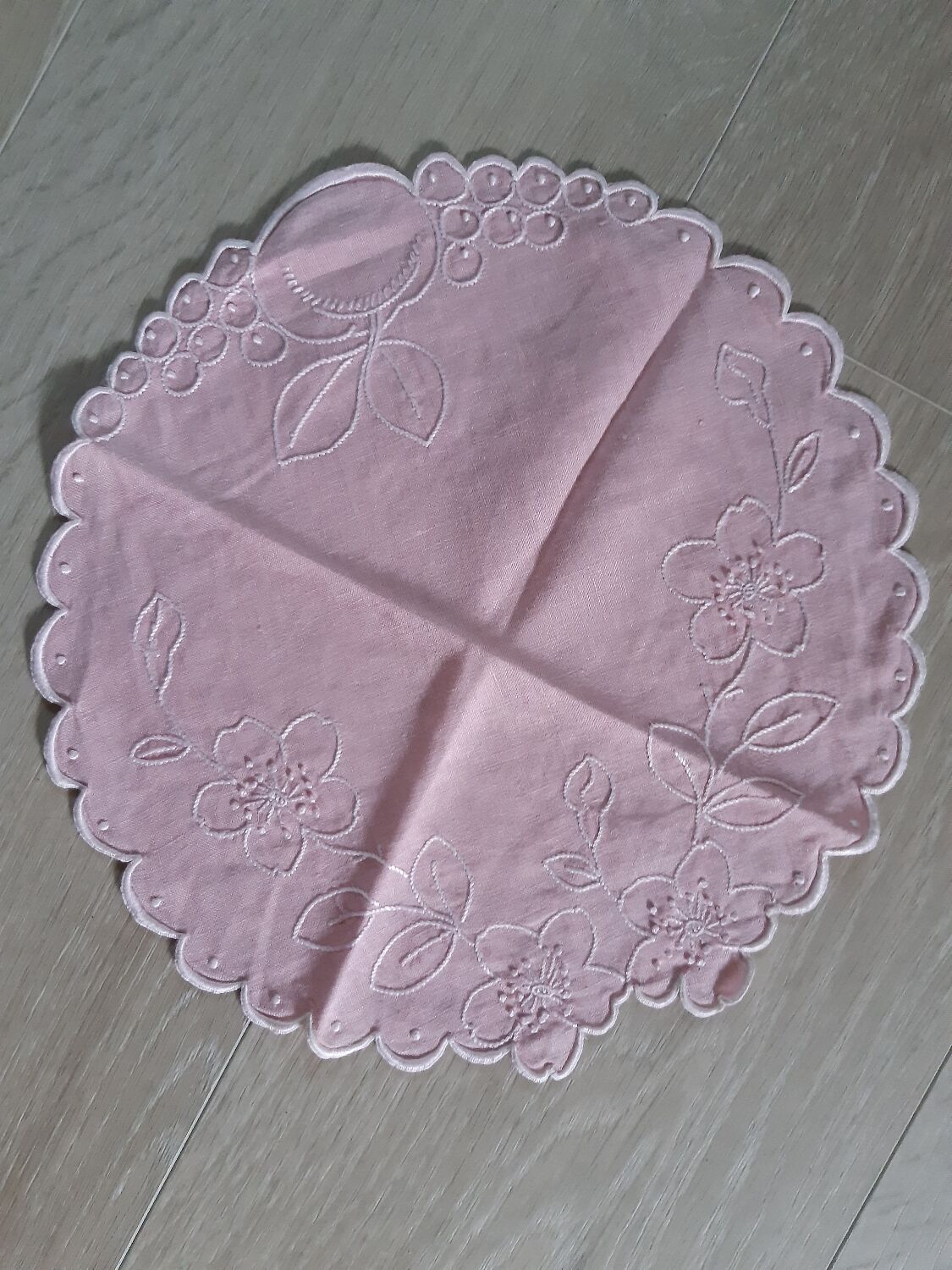 Linen placemat embroidered hand apple blossoms
