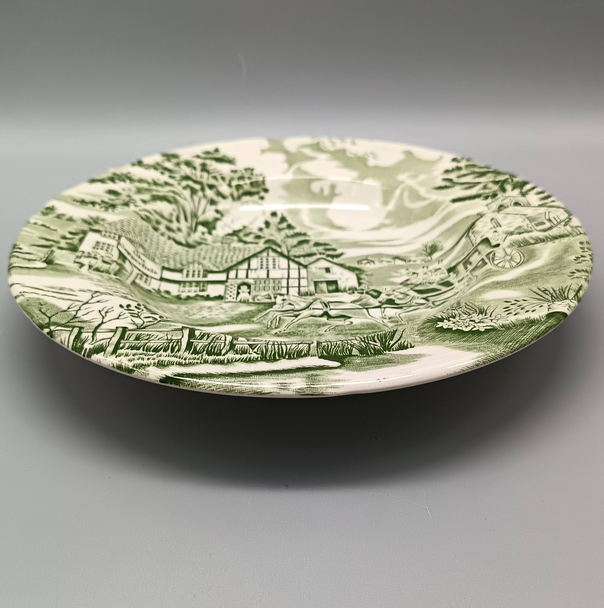 6 french ceramic luneville soup plates, green and ivory