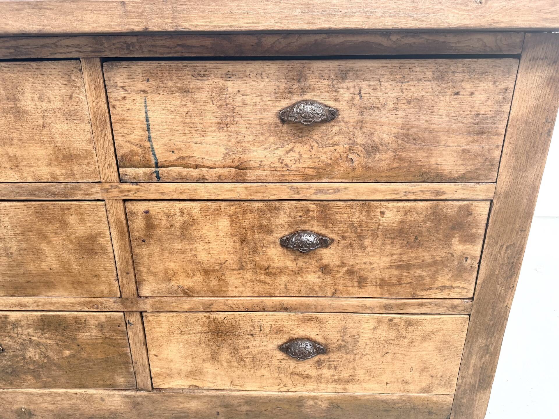 Solid oak trade counter, six drawers, France, circa 1920.