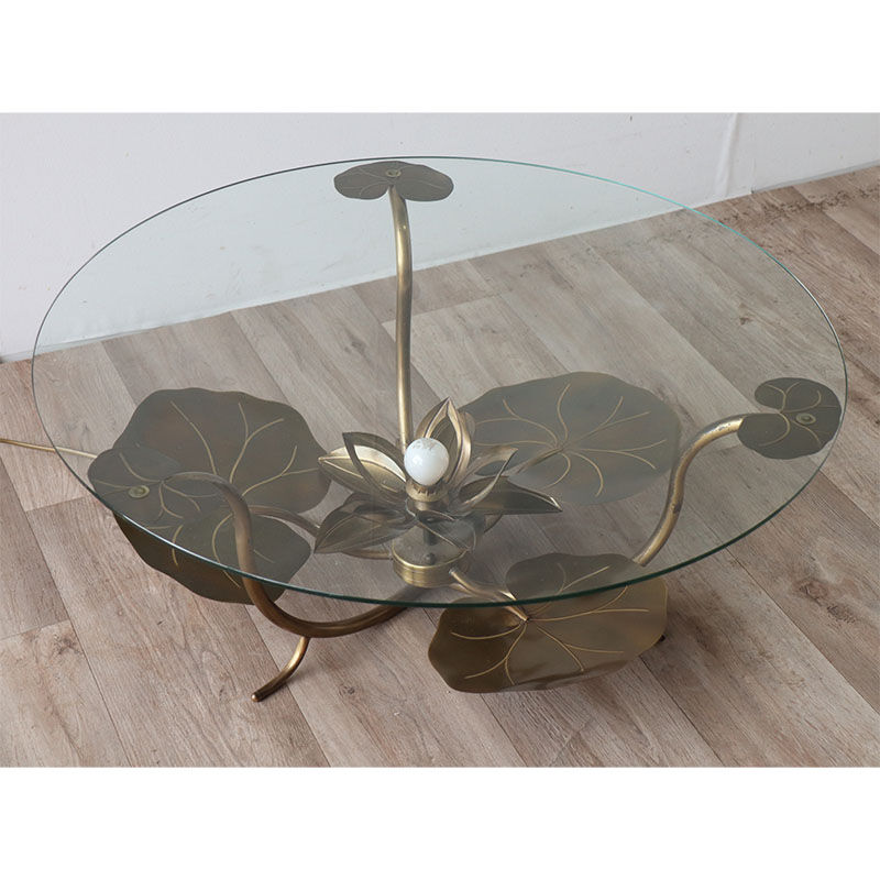 Illuminated vintage coffee table decorated with brass water lilies 1970