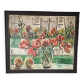Old oil painting representing a still life