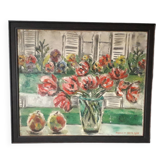 Old oil painting representing a still life