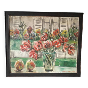 Old oil painting representing a still life