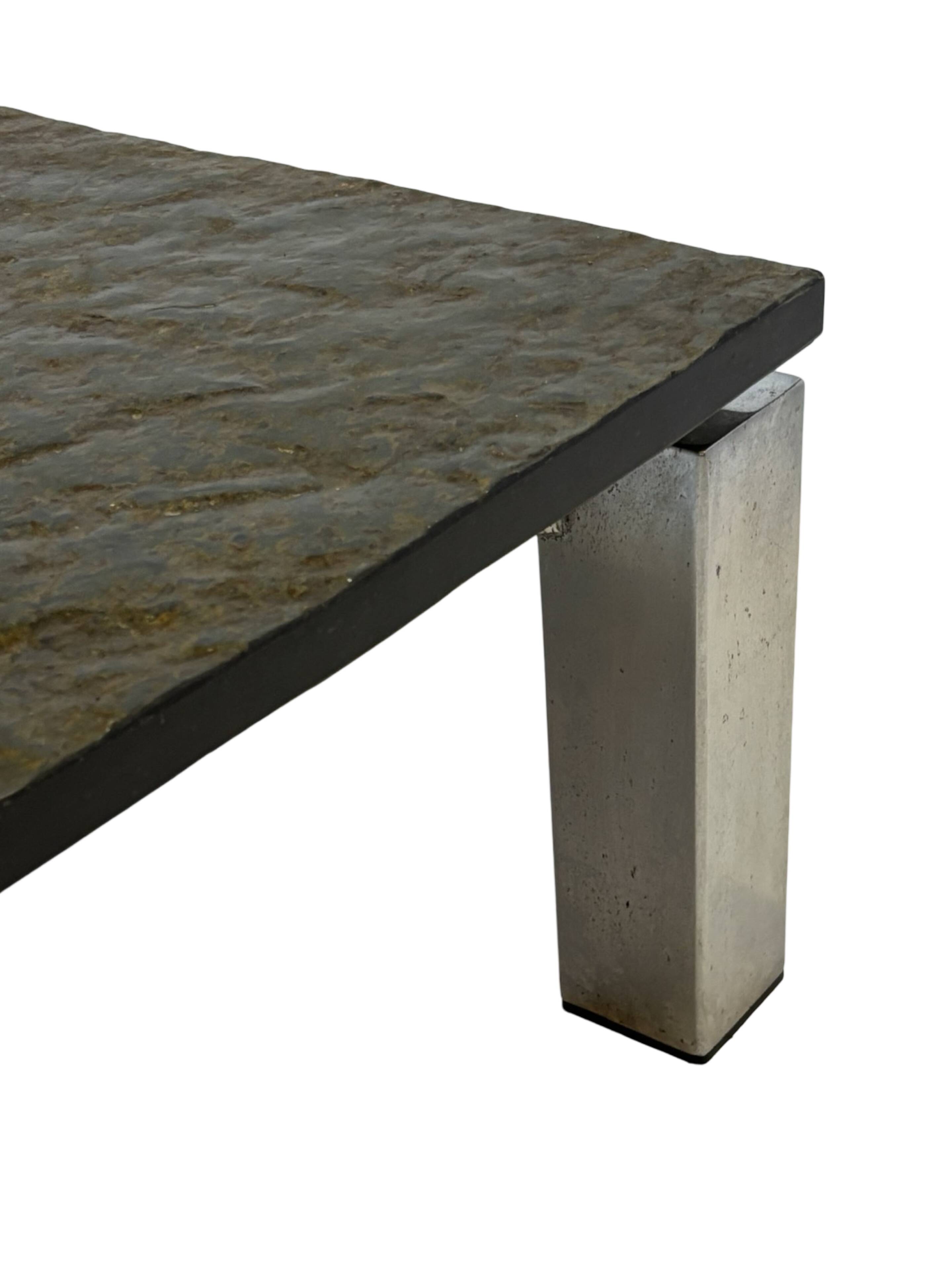 Table basse carrée plateau en pierre et piètement en acier chromé - années 60