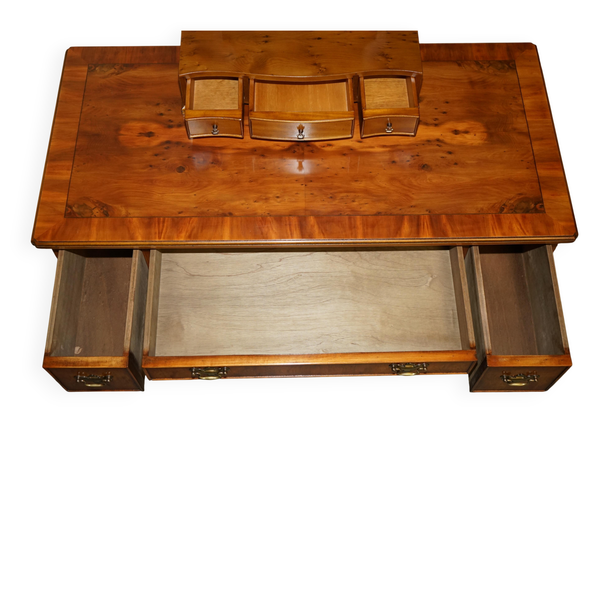 Vintage English walnut burr dressing table with mirror and chair.