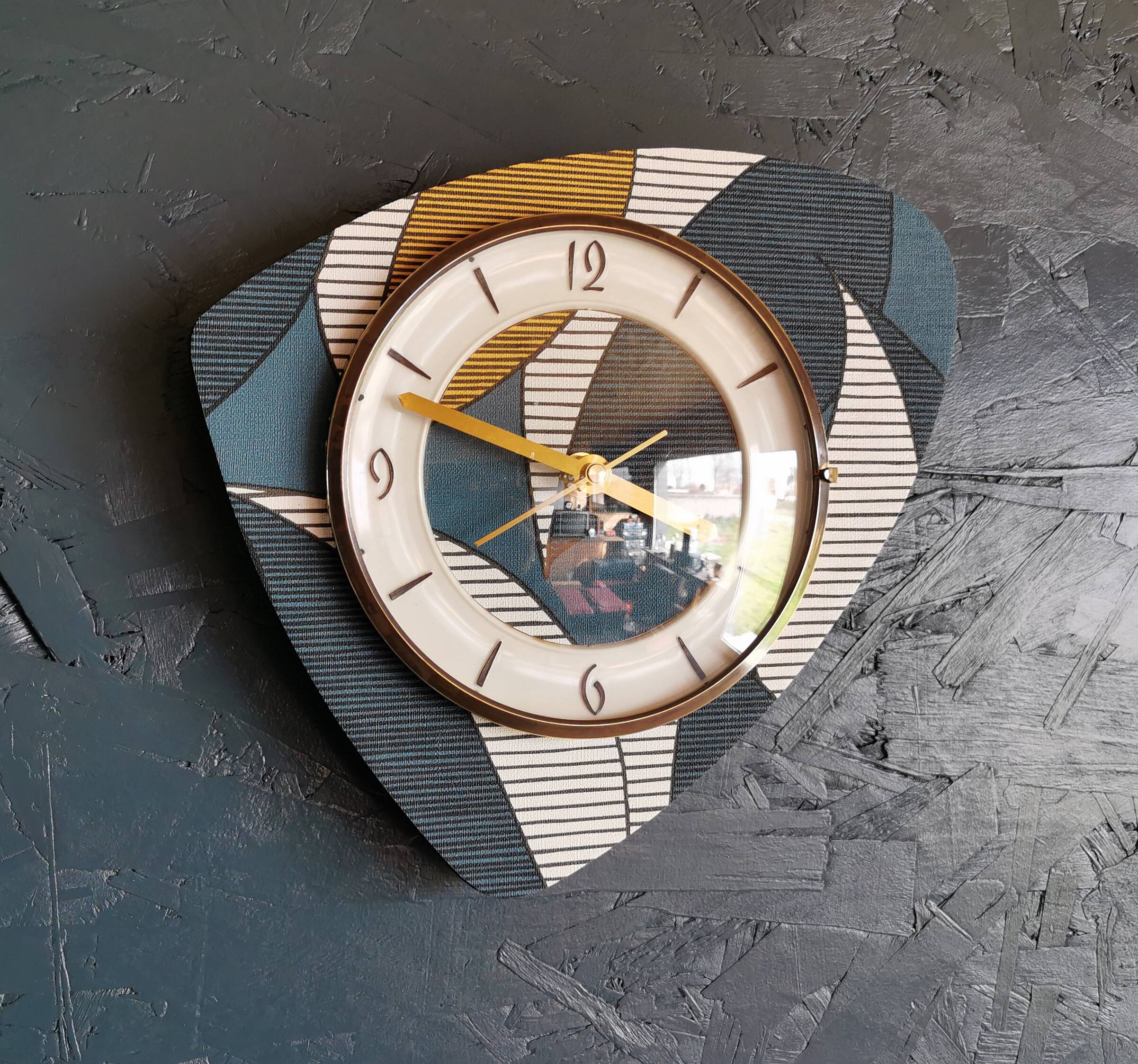 Vintage silent wall pendulum clock from the 60s asymmetrical "Striped blue white ocher"
