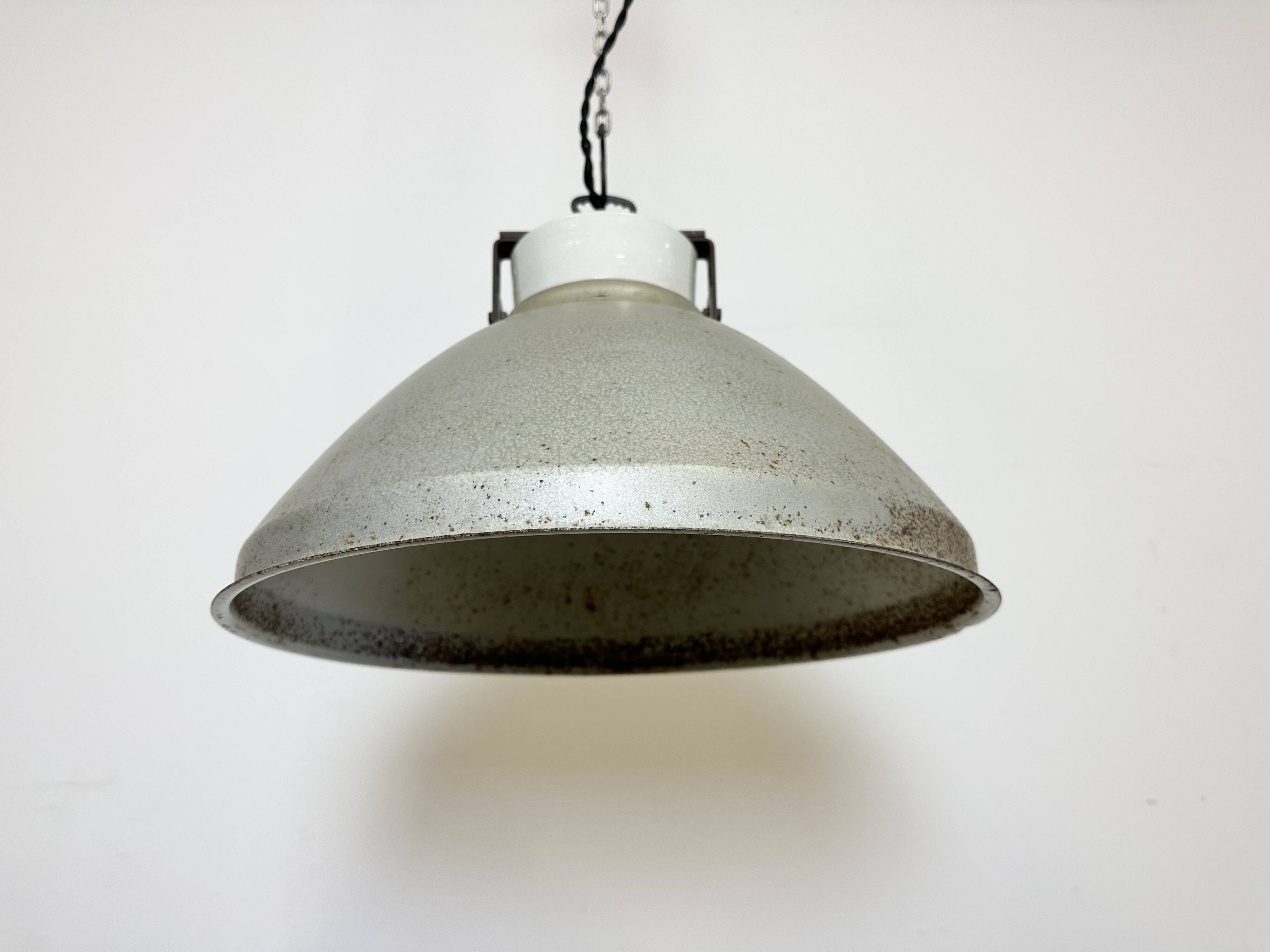 Grey metal industrial factory hanging lamp, 1960s