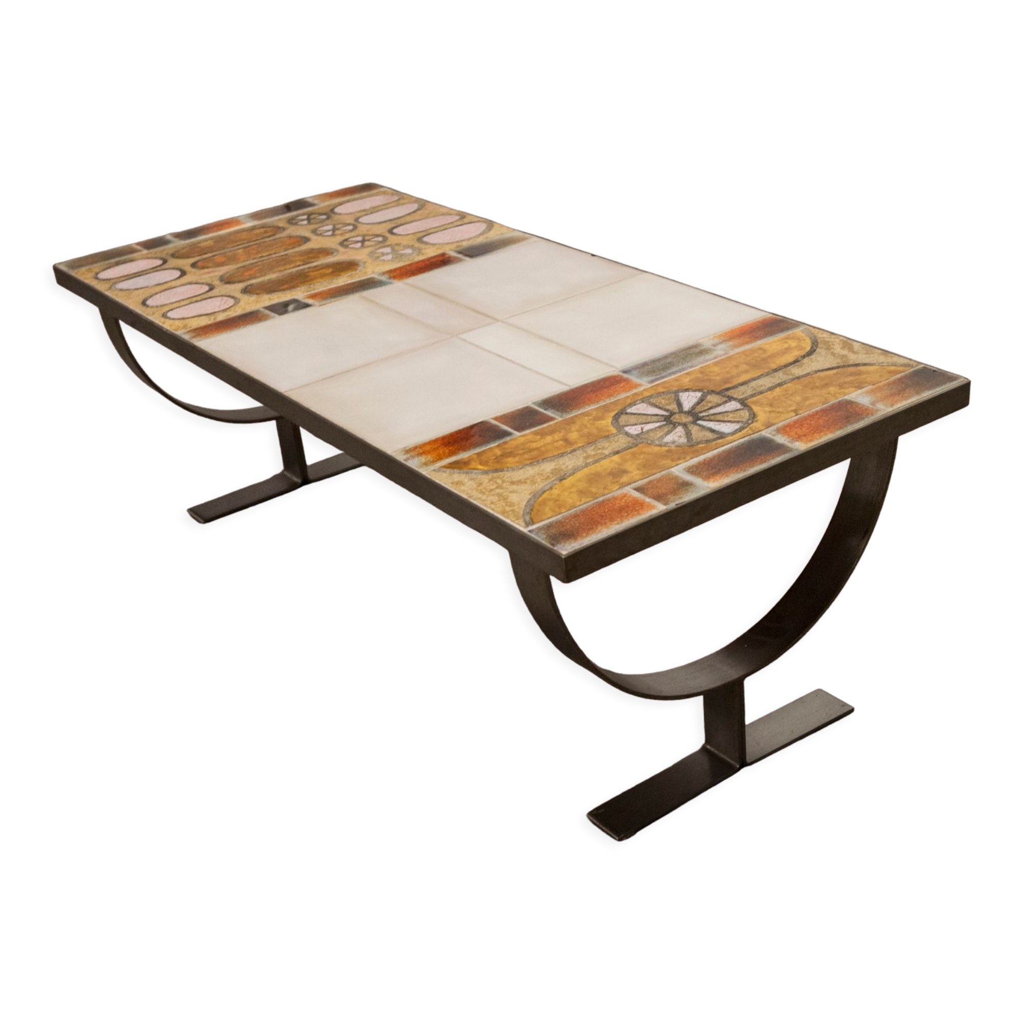 Ceramic coffee table and brushed steel Roche Bobois design Gregorieff 70s, 108x47cm