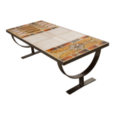 Table basse céramique et acier brossé Roche Bobois design Gregorieff années 70, 108x47cm