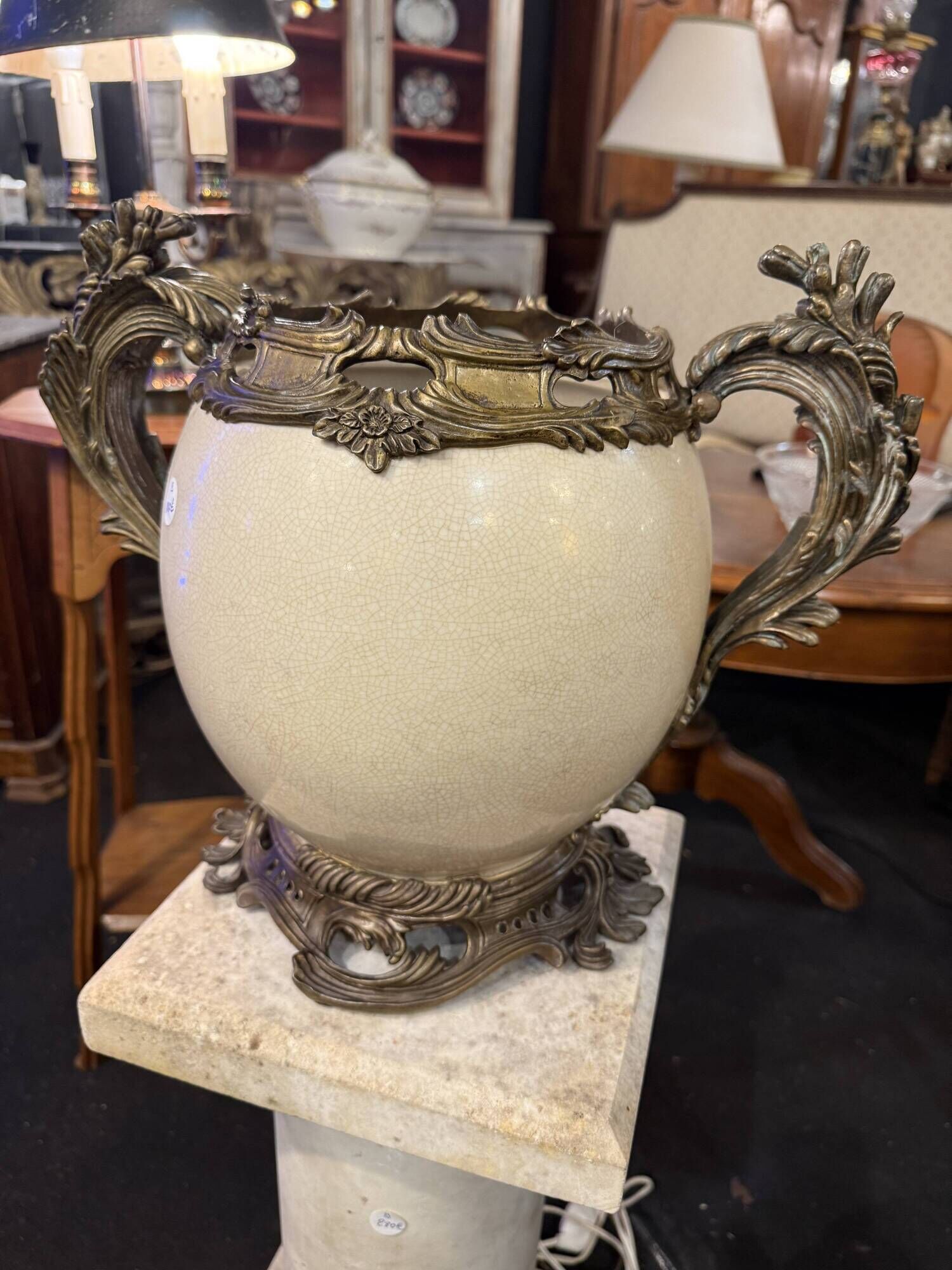 Cracked porcelain ball jardinière mounted in bronze