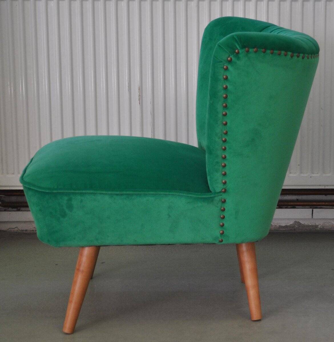 Vintage green and brown velvet and wood cocktail chair, 1950s.
