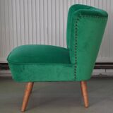 Vintage green and brown velvet and wood cocktail chair, 1950s.