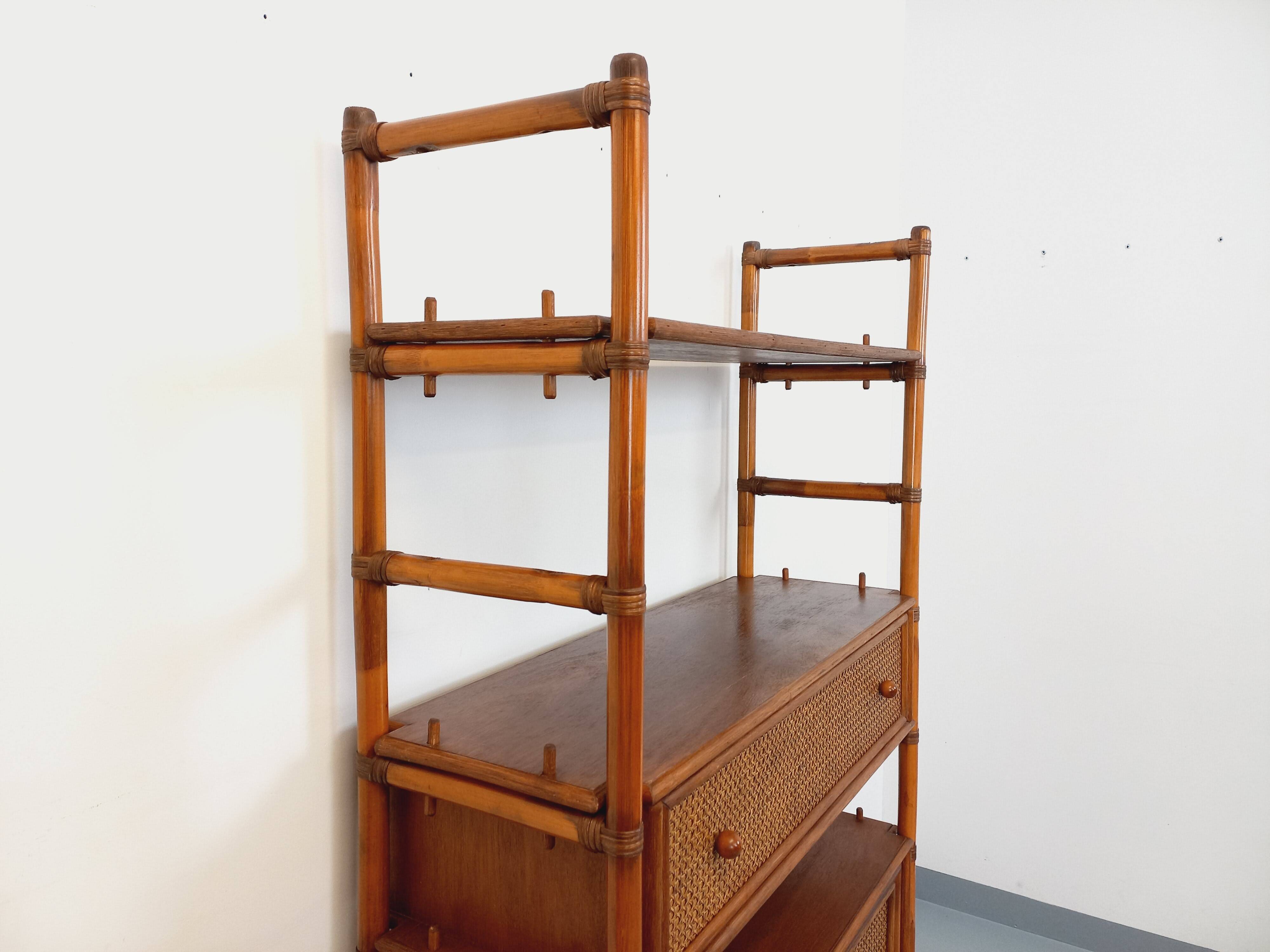 Large vintage rattan, wood and cane bookcase from the 70s