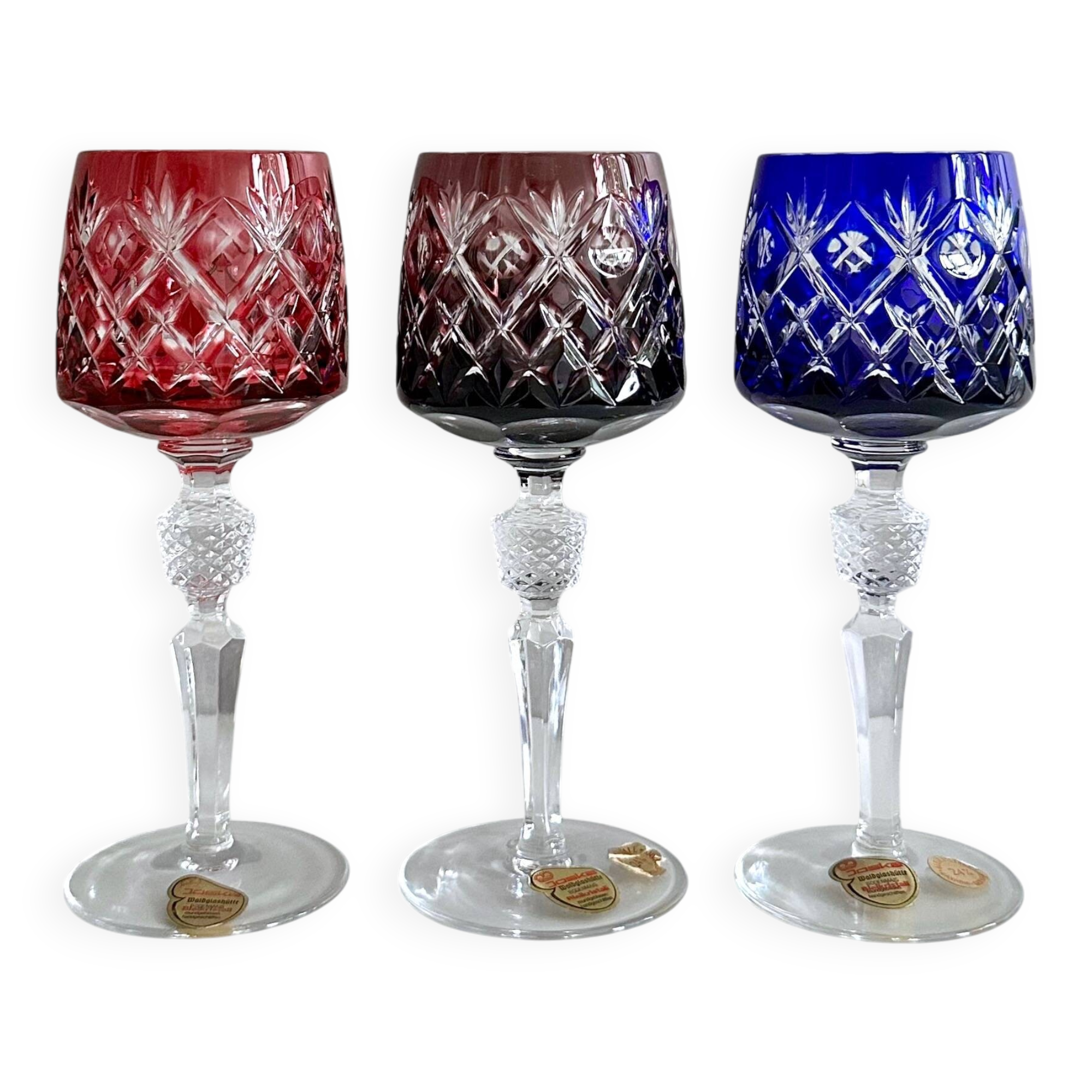 Set of 3 JOSKA lead crystal glasses, coloured wine glasses