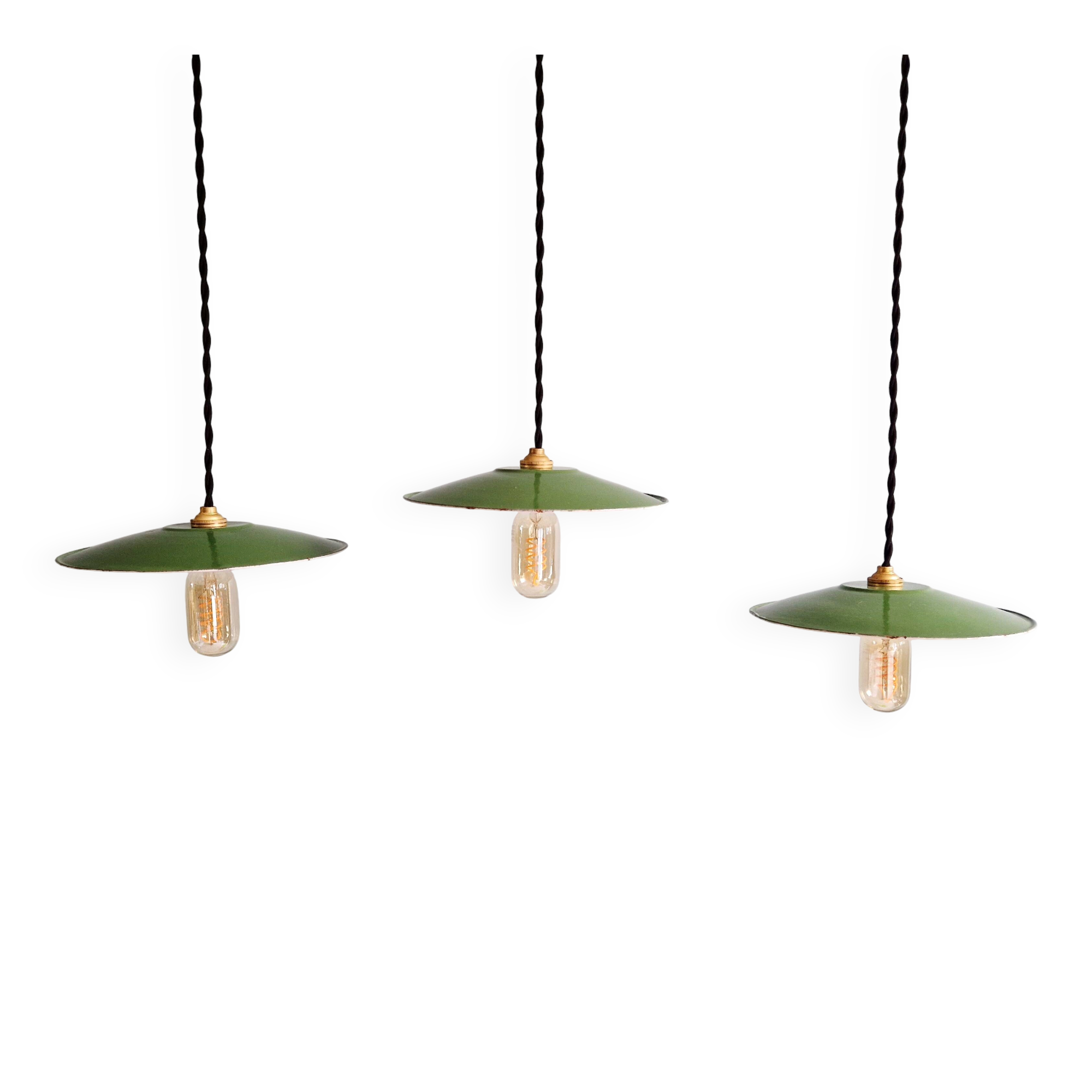 Trio of large industrial suspensions in green enamelled sheet metal.
