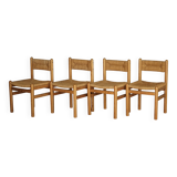 4 chaises de salle à manger en pin et jonc de mer dans le goût de Charlotte Perriand, années 1960