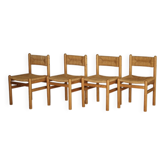 4 chaises de salle à manger en pin et jonc de mer dans le goût de Charlotte Perriand, années 1960
