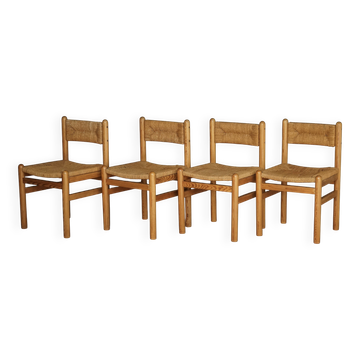 4 dining chairs in pine and sea rush in the style of Charlotte Perriand, 1960s