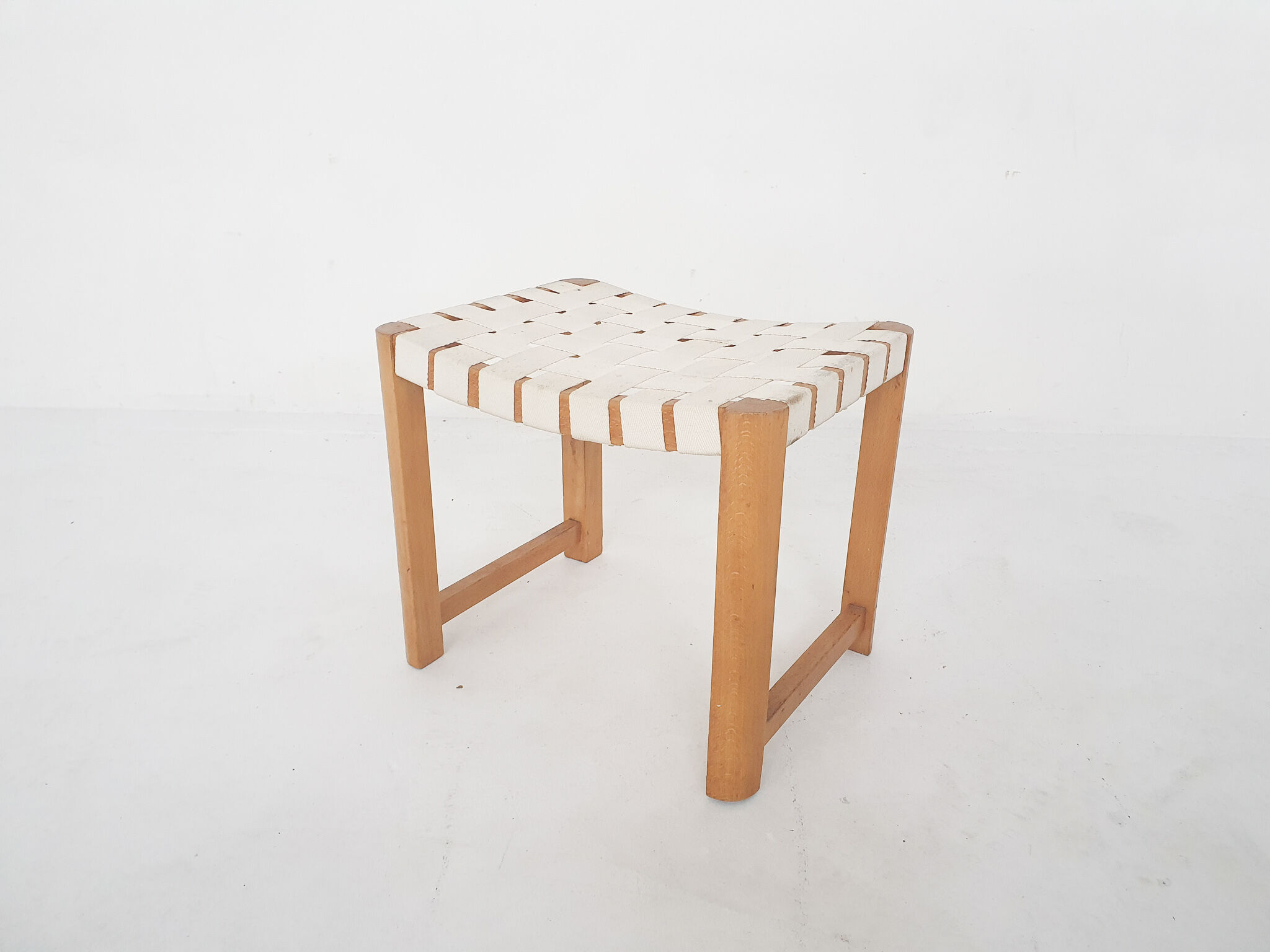 Scandinavian modern wooden stool with white bands, 1970's