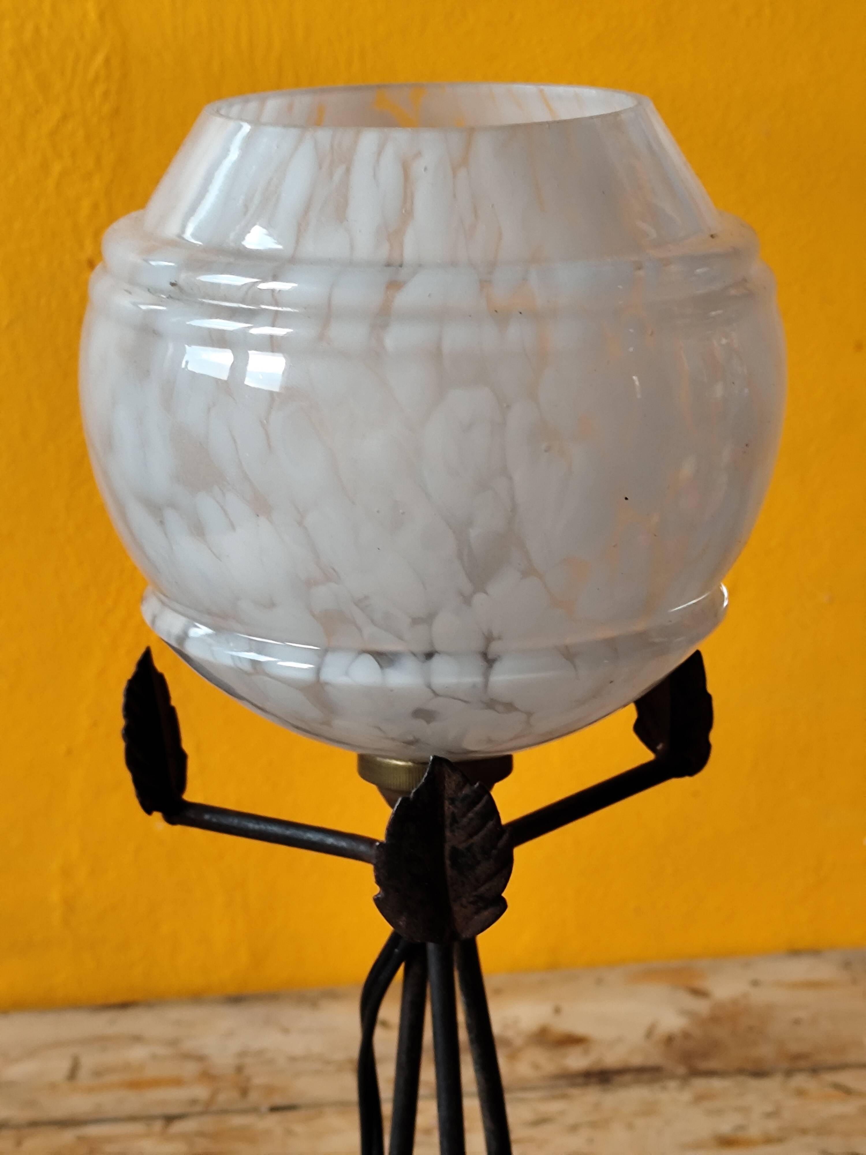 Art Deco lamp in metal and speckled blue opaline glass globe