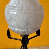 Art Deco lamp in metal and speckled blue opaline glass globe