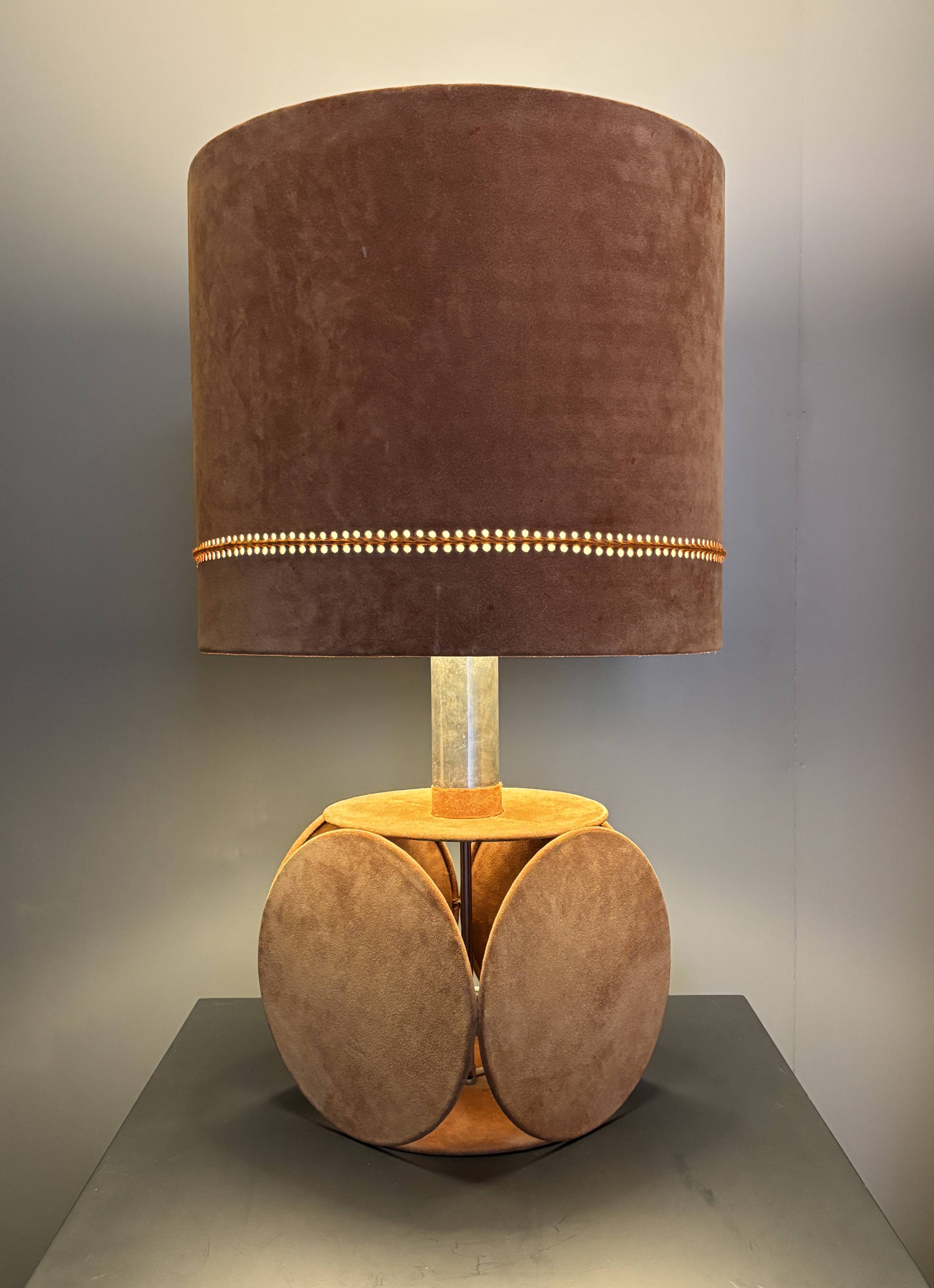 Midcentury XL ( 82 cm ) imposing terracotta suede table lamp. 1970s