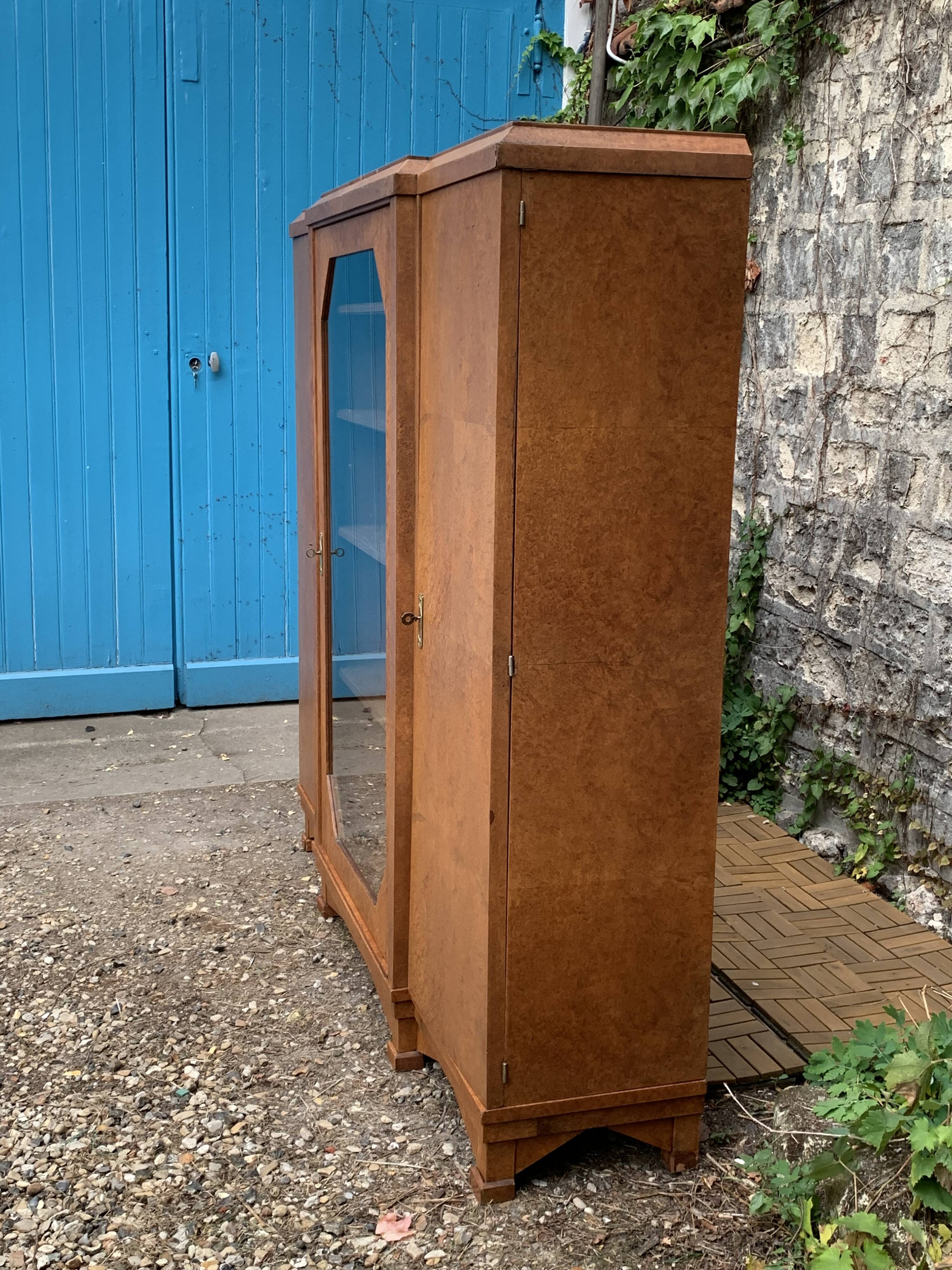Art deco glass china cabinet in burr walnut 1930