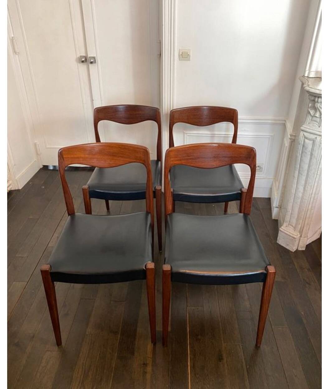 Set of 4 vintage designer chairs in teak and black skai 60's