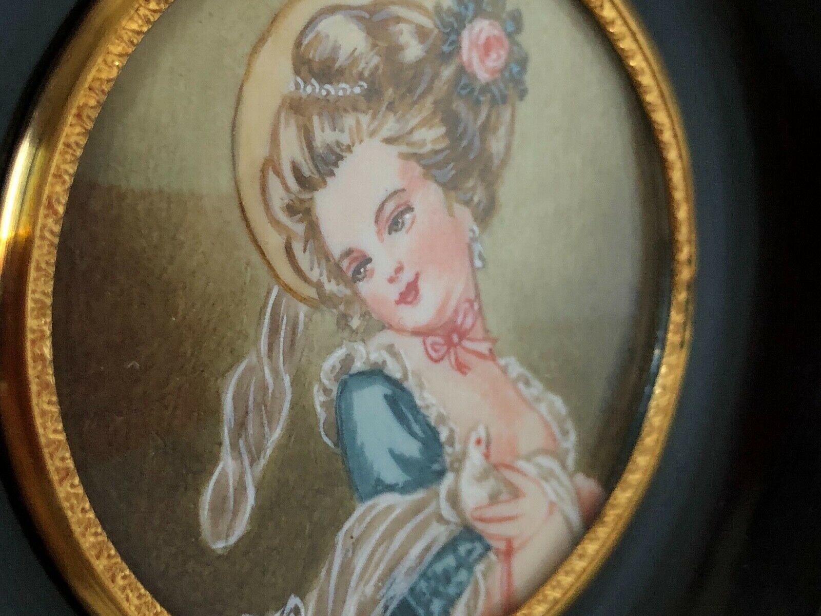 Miniature peinte à la main d'apres Fragonard cadre en bois vers 1900