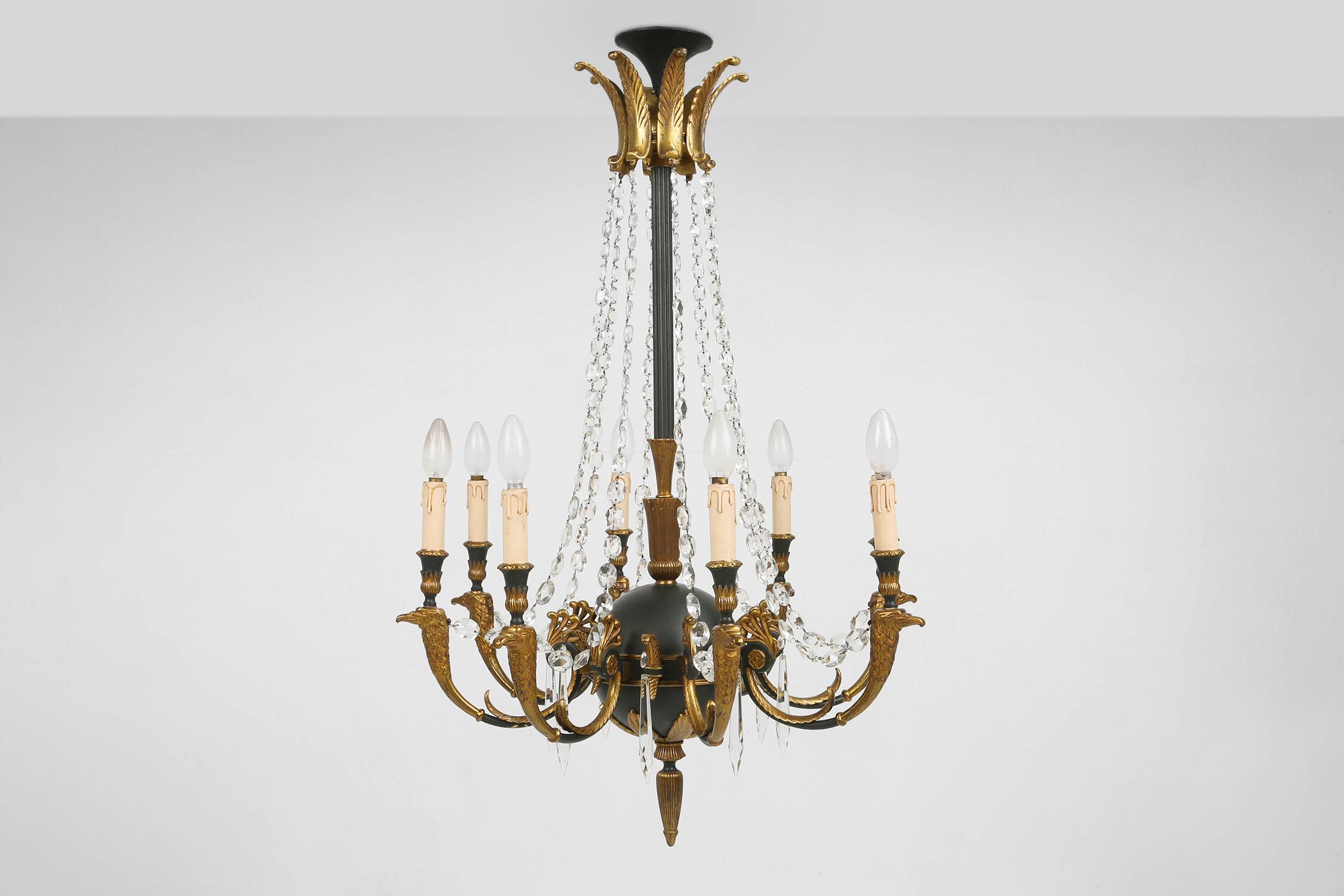 Impressive set of a large bronze Empire Chandelier with 2 wall lights, Belgium ca. 1950