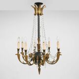 Impressive set of a large bronze Empire Chandelier with 2 wall lights, Belgium ca. 1950