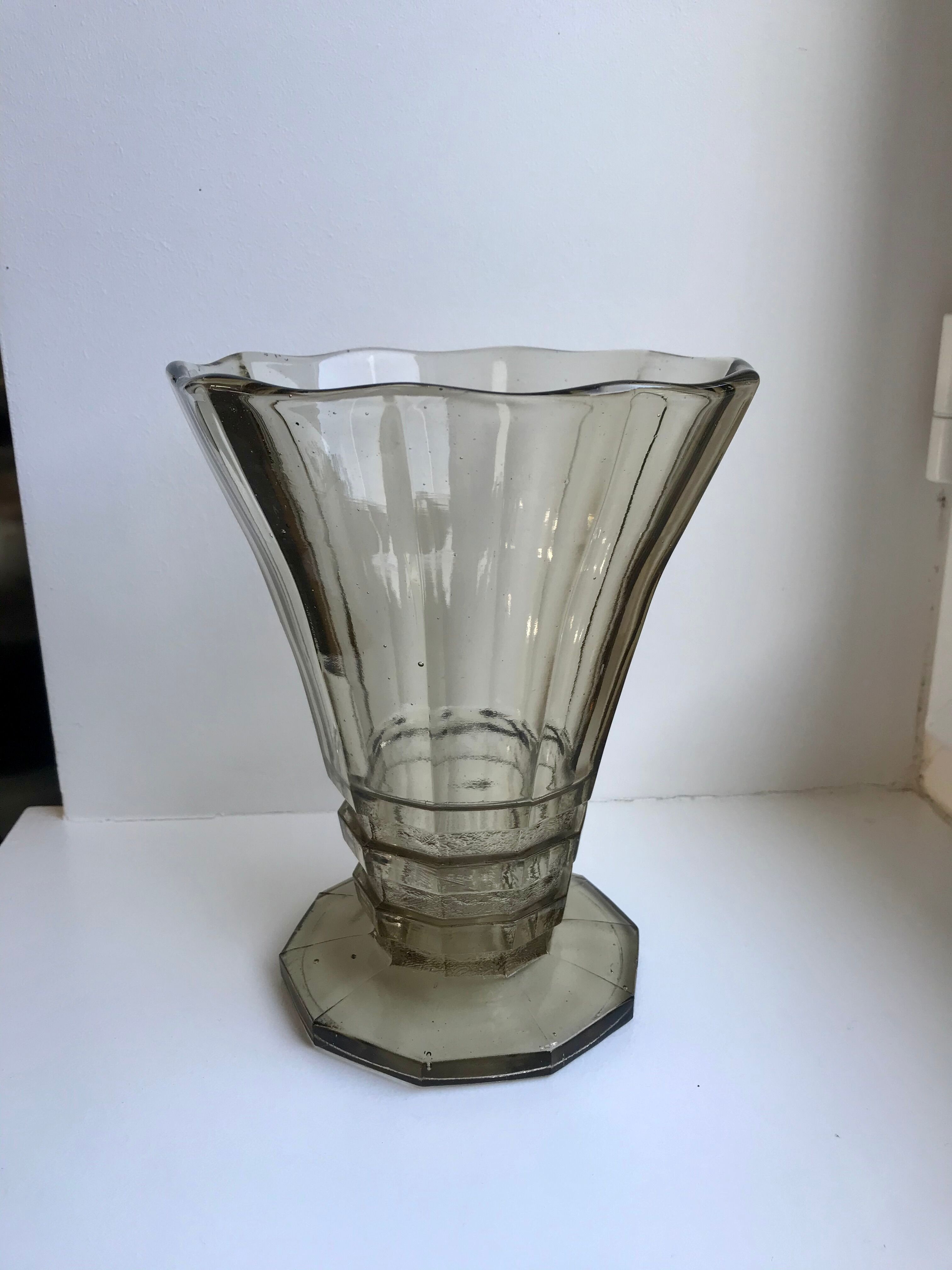 vase in molded and blown smoked glass Made in Belgium 60s-70s