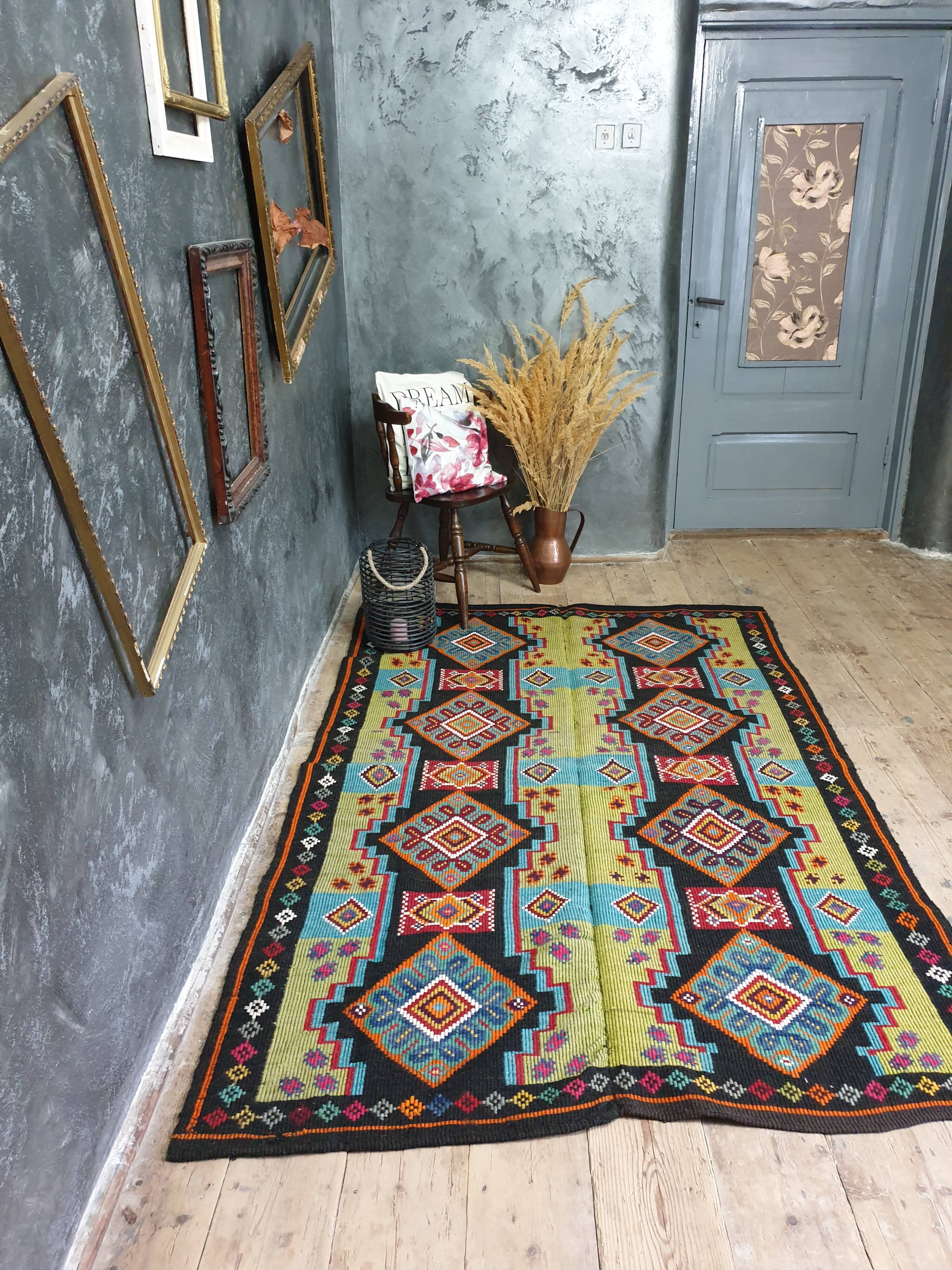 Handwoven vintage accent geometrical rug, colorful wool, Romanian carpet 220x146cm